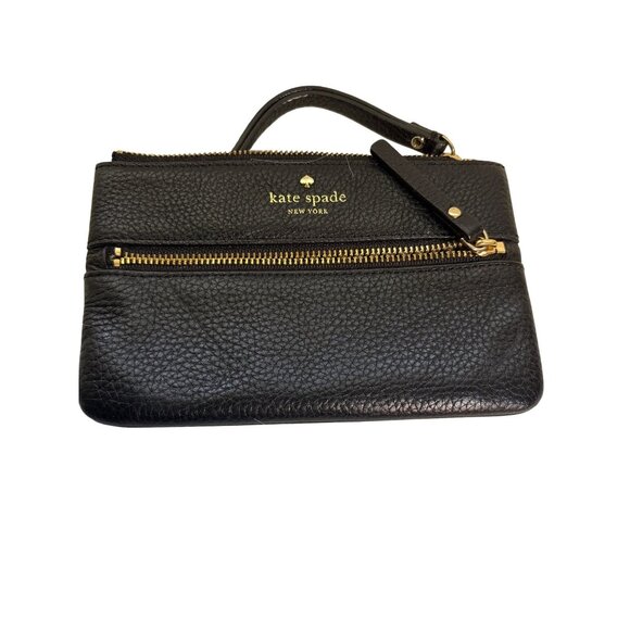 Kate Spade New York Black Pebbled Leather Wristlet With Gold Zipper Detailing & - Picture 1 of 8
